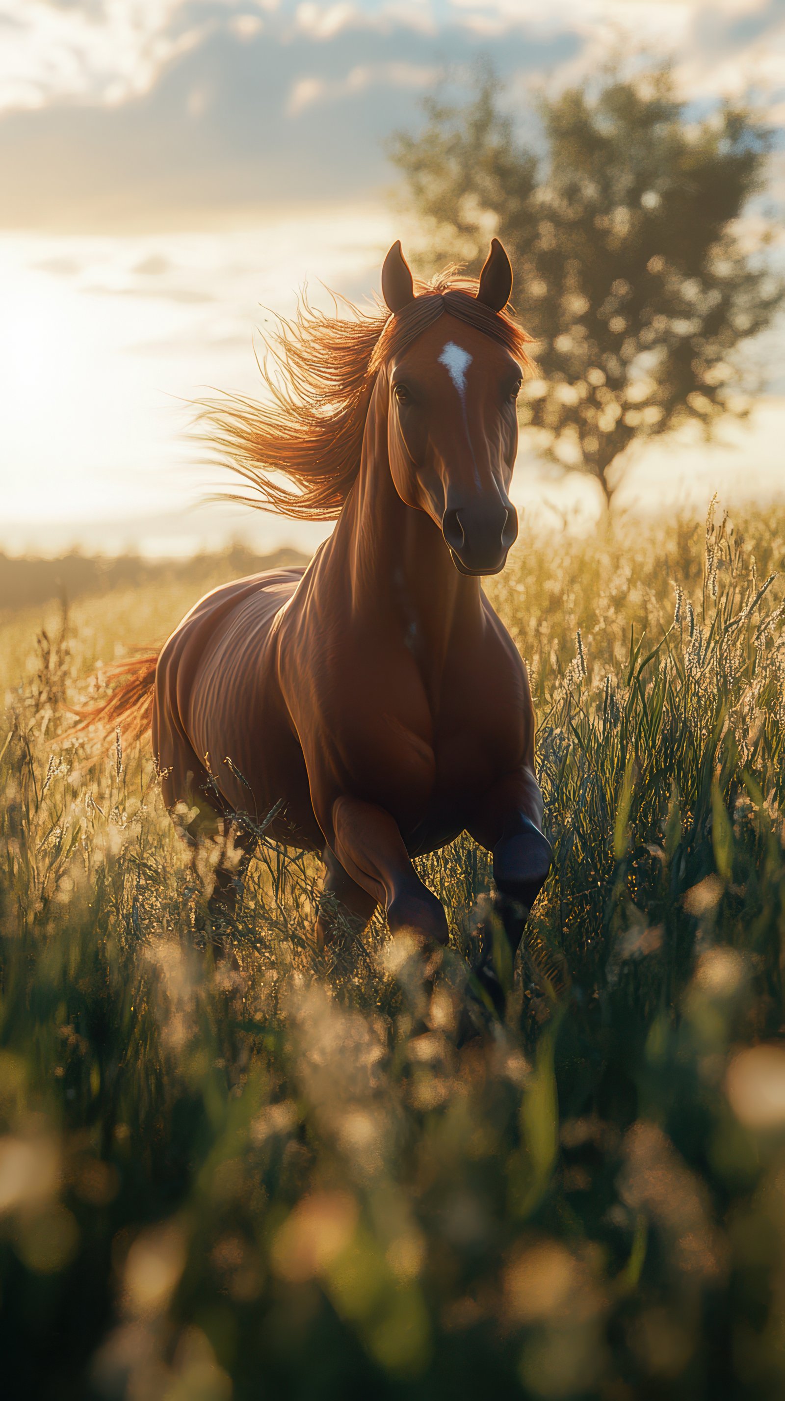 Golden hour highlights a brown horse galloping freely across a green meadow with soft sunlight and a scenic backdrop